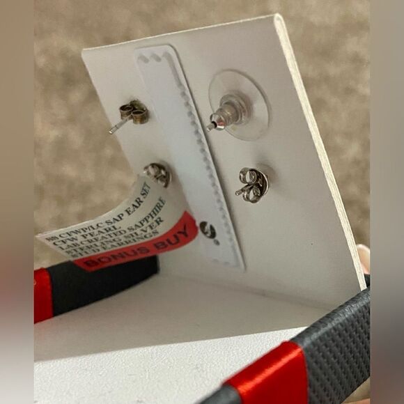 Cultured Freshwater Pearl Lab and Sapphire Earrings in the Sterling Silver - Picture 8 of 9